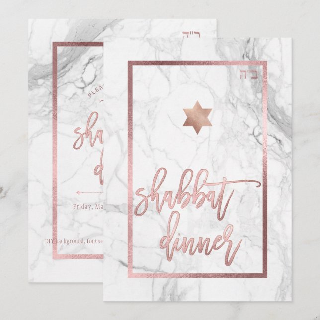 Convites Janto Shabbat PixDezines/Marble/Rosa Dourado (Frente/Verso)