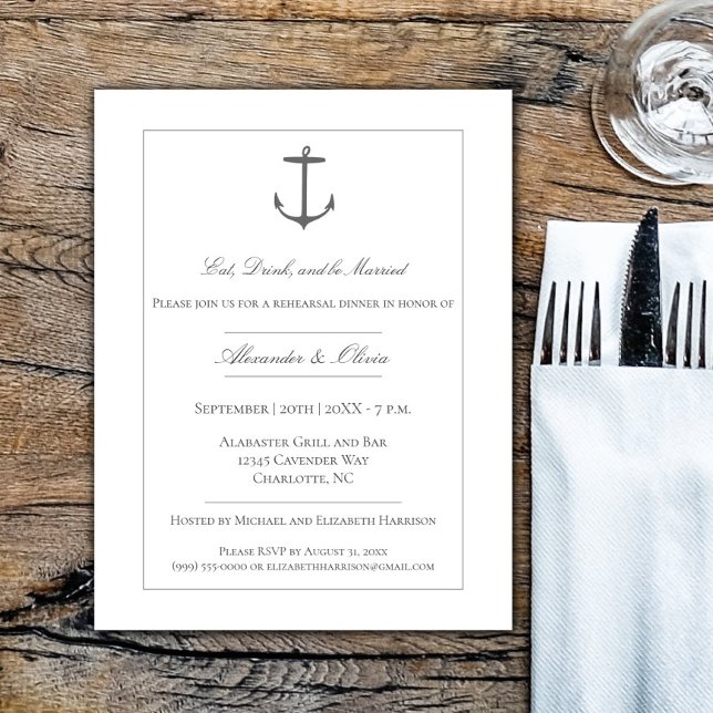 Convites Janto Simples de Ensaio de Âncora Náutica | Branco (White Simple Nautical Anchor Rehearsal Dinner Invitation)