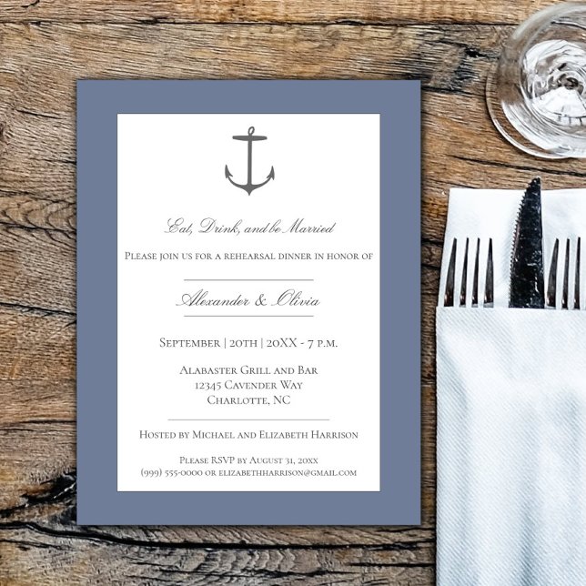 Convites Janto Simples de Ensaio de Âncora Náutica Dusty Bl (Dusty Blue Simple Nautical Anchor Rehearsal Dinner Invitation)