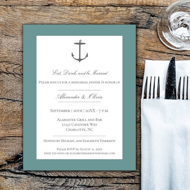 Convites Janto Simples de Ensaio de Âncora Náutica | Teal (Teal Simple Nautical Anchor Rehearsal Dinner Invitation)