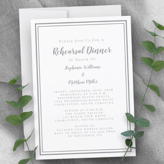 Convites Janto Simples de Ensaio de Casamentos Brancos de C (Simple Gray White Wedding Rehearsal Dinner Invitation)