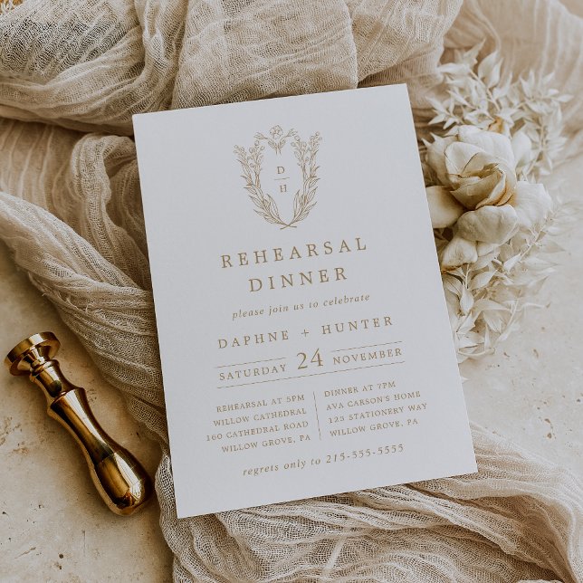 Convites Janto Simples Dourado de Ensaios do DAPHNE Crest B (DAPHNE Crest White Gold Simple Rehearsal Dinner Invitation)