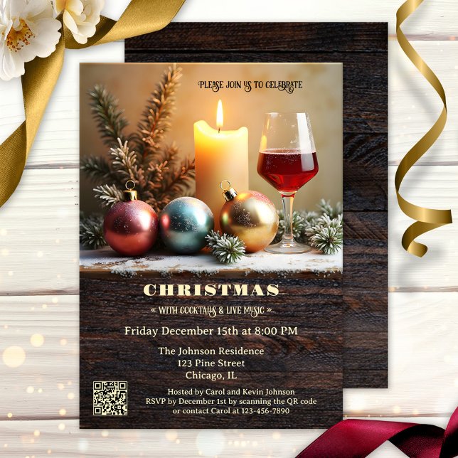 Convites Janto tradicional de Natal com Vinho e Vela (Traditional cozy Christmas dinner party invitation featuring festive baubles and wine with a candle)