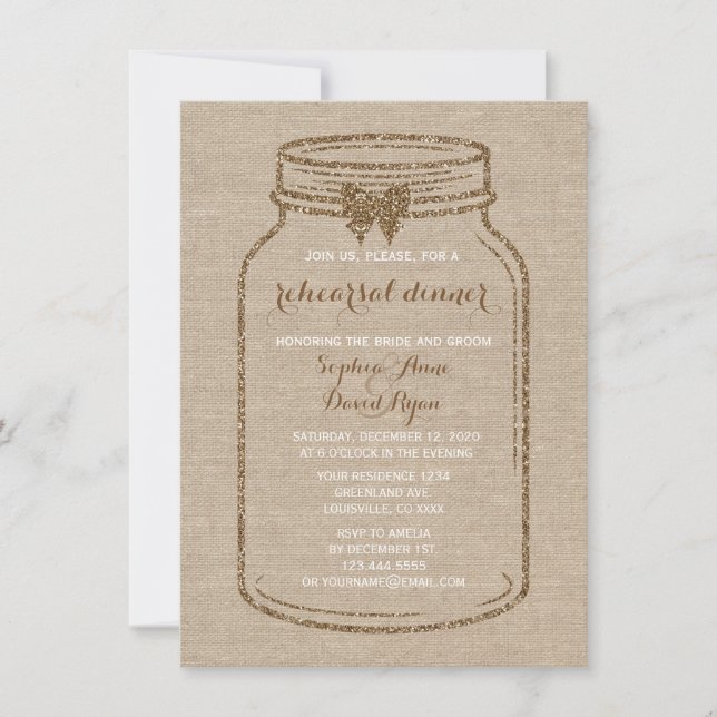 Convites Janto Wedding REHEARSAL | Mason Jar Linen Canvas (Frente)