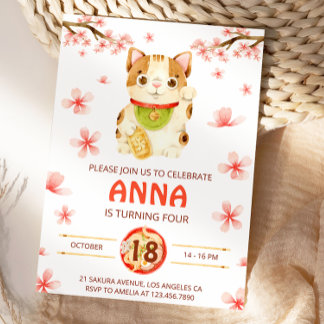 Convites Japan Lucky Cat Cherry Blossom