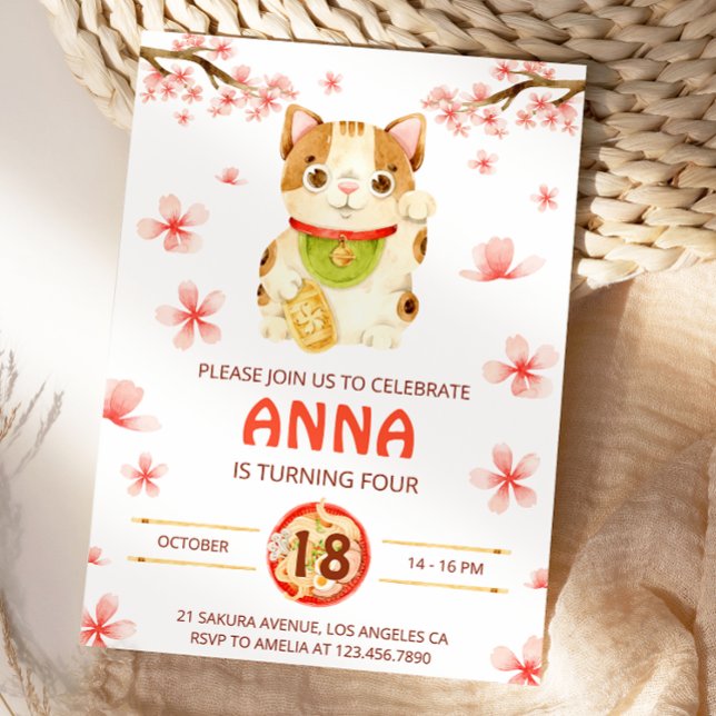 Convites Japan Lucky Cat Cherry Blossom (Criador carregado)