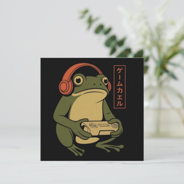 Convites Japanese Gamer Frog Funny Vintage Gaming  (Em pé/Frente)