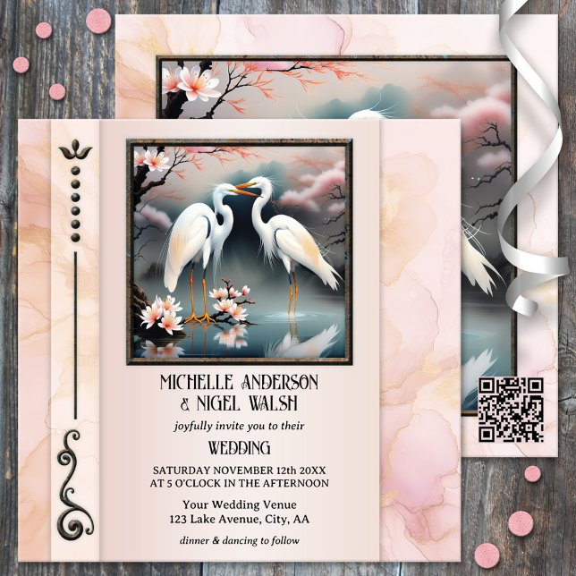 Convites Japonês Gruas Egret Casamento Romântico (Wedding invitation featuring a painting of two Japanese cranes or egrets on an elegant pink design)