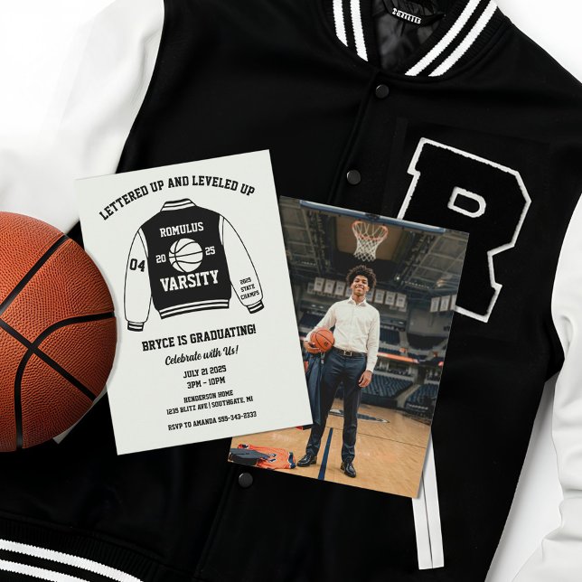 Convites Jaqueta Varsity de Basquete Festa de Formatura (Basketball Graduation Party Invitations)
