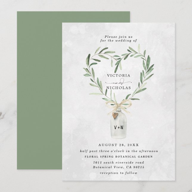 Convites Jar do Monograma Russo | Heart Greenery Wedding (Frente/Verso)