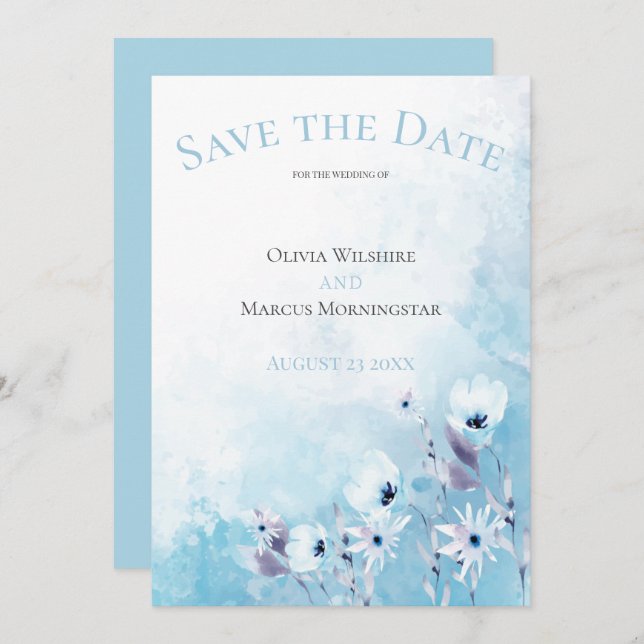 Convites Jardim Anêmono Azul Pálido Salvar a Data (Frente/Verso)