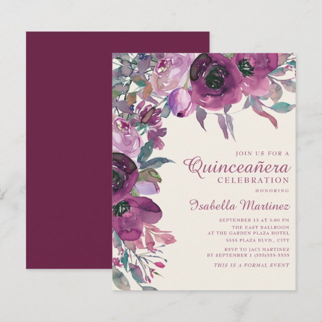 Convites Jardim Boho Lilás Roxo Floral Script Quinceañera (Frente/Verso)