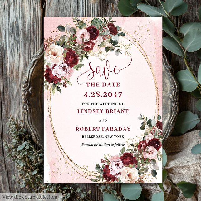 Convites Jardim Boho Merlot Bege Rosas Salve a Data (Garden Boho Merlot Blush Gold Roses Save the Date

)