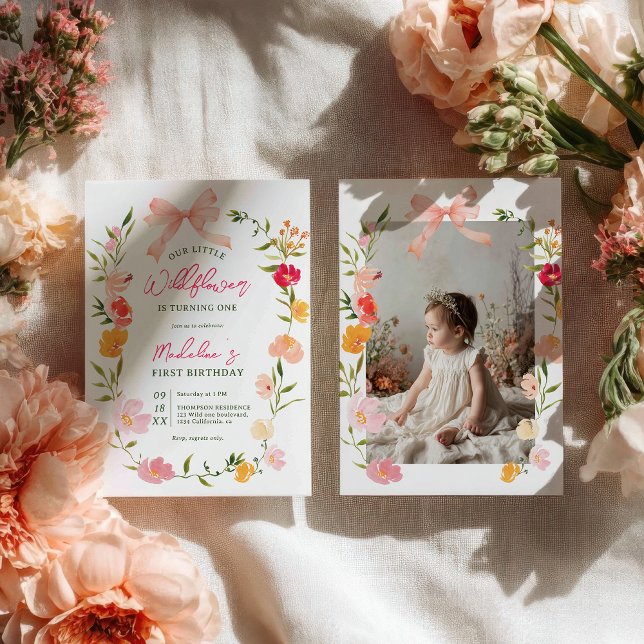 Convites Jardim boho moderno com flores silvestres foto de  (Modern boho garden wildflowers photo 1st birthday invitation)