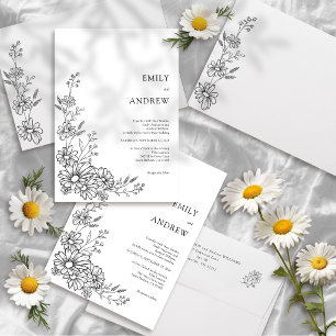 Convites Jardim Botânico de Margaridas Preto e Branco Casam