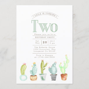 Convites Jardim Cactus   Watercolor First Birthday Invite