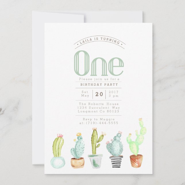 Convites Jardim Cactus | Watercolor First Birthday Invite (Frente)