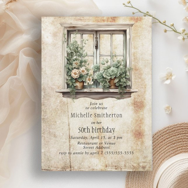 Convites Jardim da Janela 50ª Festa de aniversário (Rustic succulent window garden birthday party invitation)