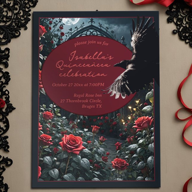 Convites Jardim das Rosas vermelhas Escuras de Quinceanera  (Gothic quinceanera dark romance birthday invitation with  full moon, red rose garden and black raven)