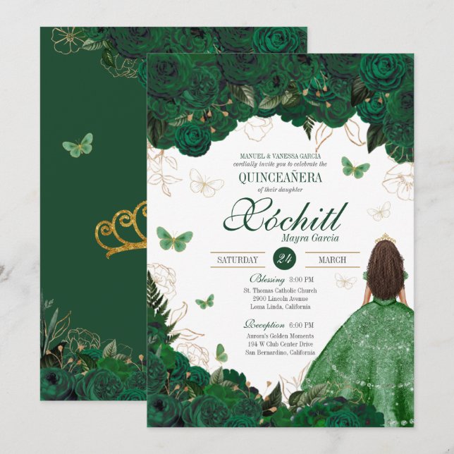 Convites Jardim de Borboleta Encantada Emerald Quinceanera (Frente/Verso)