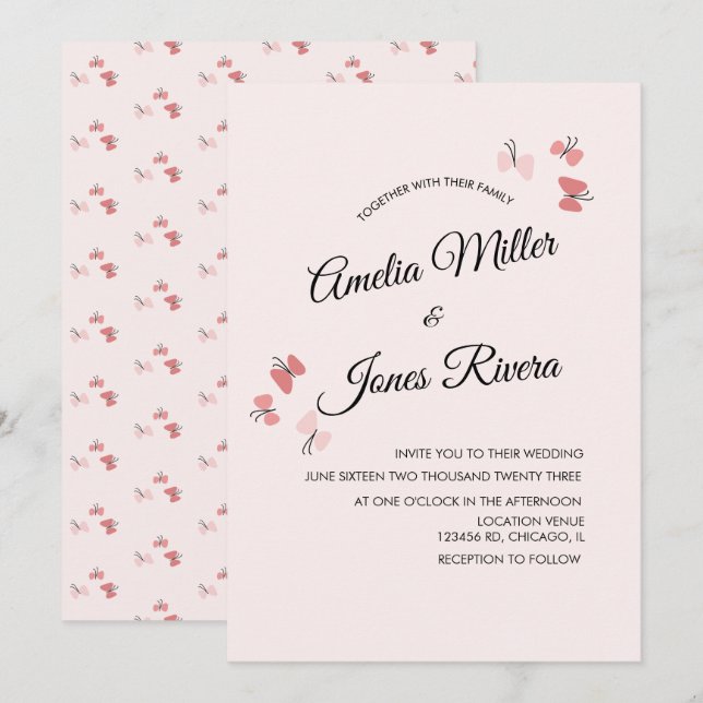 Convites Jardim de Borboletas Rosa Casamento Romântico  (Frente/Verso)