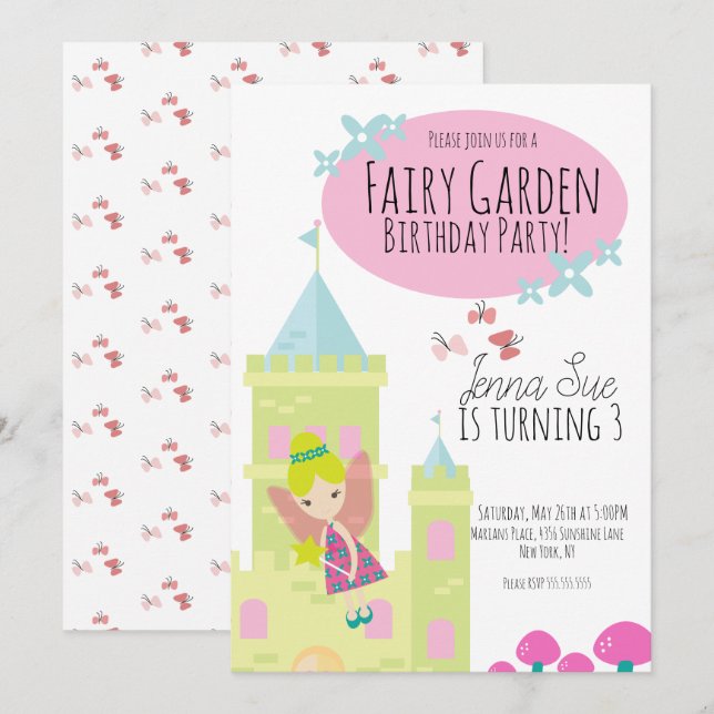Convites Jardim de Fadas Aniversário de 1 ano Castelo Borbo (Frente/Verso)