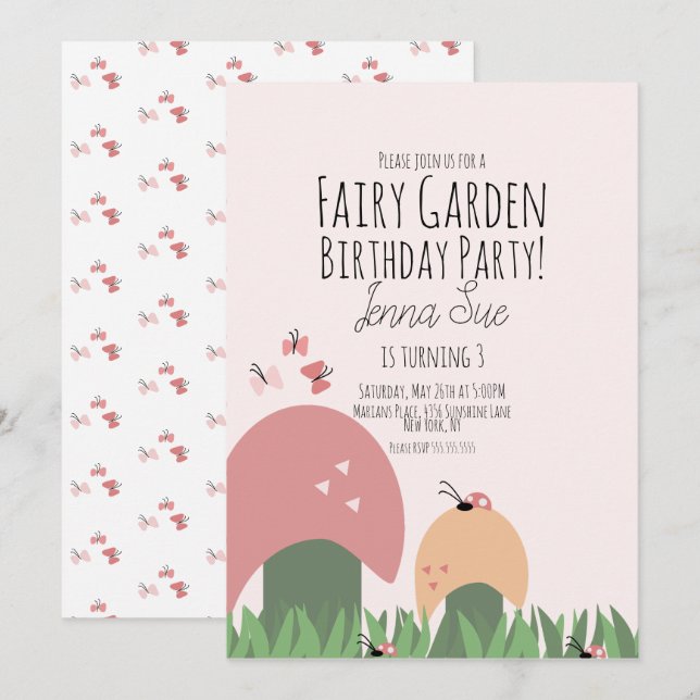Convites Jardim de Fadas Aniversário de 1 ano Joaninhas Bor (Frente/Verso)