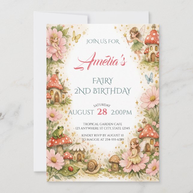 Convites Jardim de Fadas Mágico com Aquarela de Aniversário (Frente)