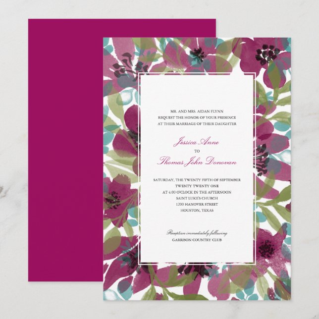 Convites Jardim de Flor de Aquarela Elegante | Casamento (Frente/Verso)