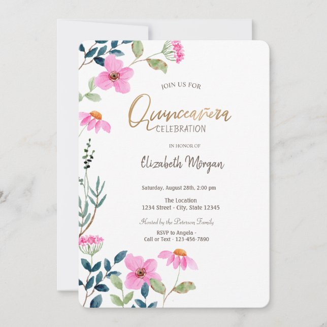 Convites Jardim de Flores Rosa Quinceañera  (Frente)