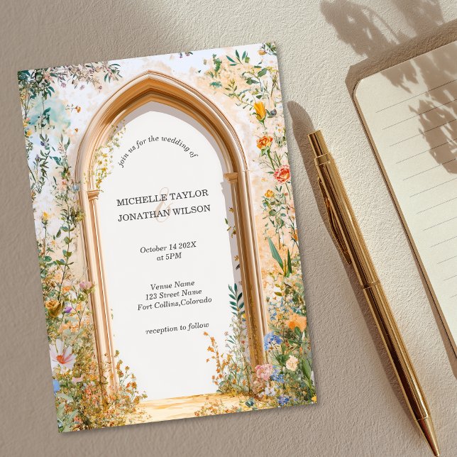 Convites Jardim de Flores Selvagem Rústica de Pastel Meadow (romantic meadow flowers stone arch garden wedding invitation)