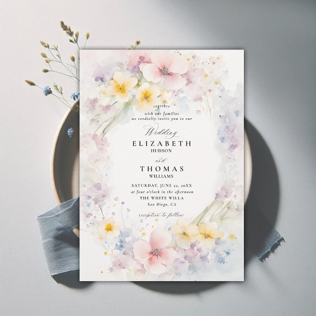 Convites Jardim de Flores Selvagens Delicado Casamento Eleg (wildflower wedding theme invitation delicate watercolor meadow modern classic formal elegant)