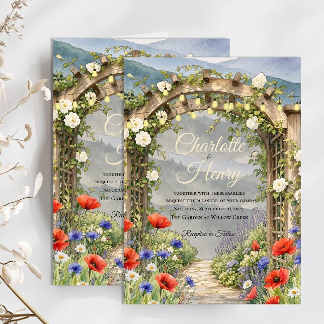 Convites Jardim de Flores Silvestres Arbor Casamento Floral (Wildflower Garden Arbor Wedding Invitation | Rustic Floral Outdoor Wedding Invite)