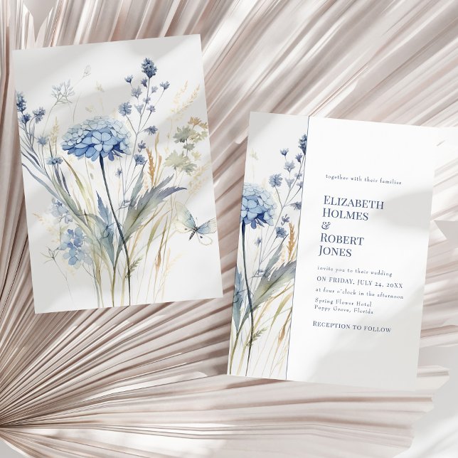 Convites Jardim de Flores Silvestres Azuis Aquarela Casamen (Boho Chic French Blue Wildflowers Wedding Invitation on a sunny dry palm leaf.)