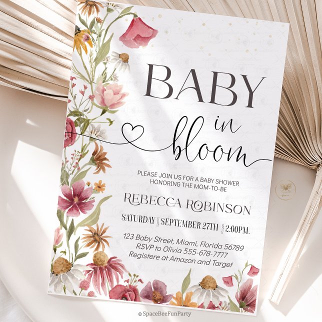 Convites Jardim de flores silvestres Baby in Bloom Chá de b (baby in bloom, baby shower invitation, wildflower baby shower, floral baby shower, garden baby showe)