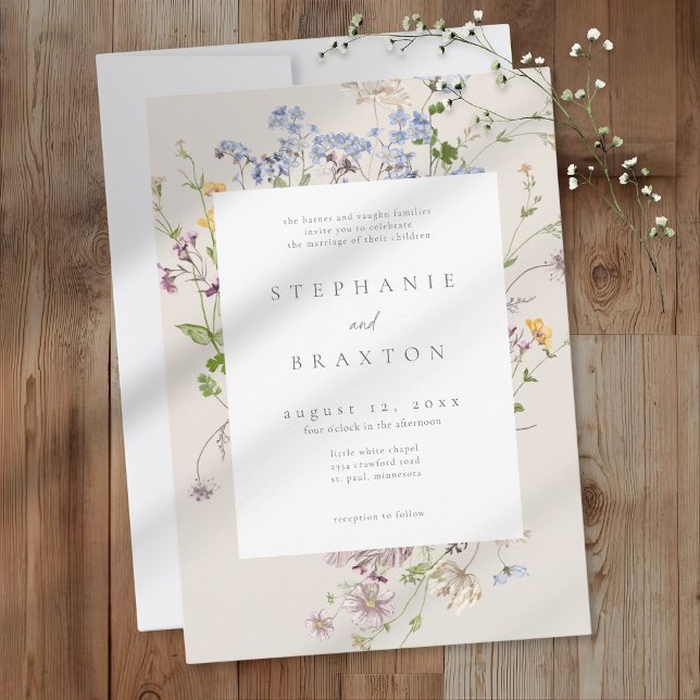 Convites Jardim de Flores Silvestres Cremoso Casamento Eleg (Cream Wildflower Garden Elegant Wedding Invitation)