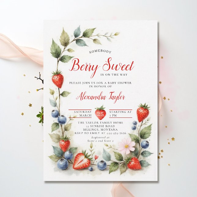 Convites Jardim de Frutas Doces e Deliciosas Festa de Bebê  (berry sweet baby shower invitation fruit theme strawberry berry watercolor spring summer garden)