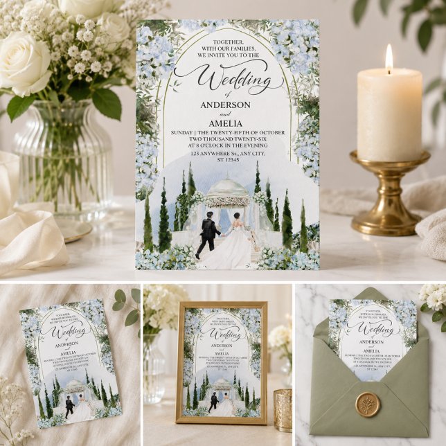 Convites Jardim de Hidrangea Azul Elegante Casamento Aquare (Criador carregado)