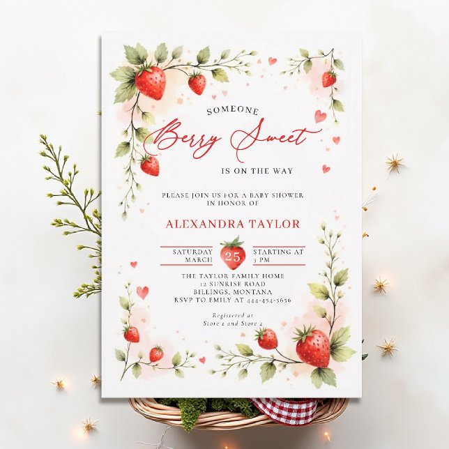 Convites Jardim de Morango Doce de Verão para Chás de Bebê (berry sweet baby shower invitation fruit strawberry theme art watercolor garden farmhouse)