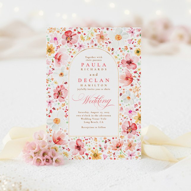 Convites Jardim de Prado de Flores Silvestres Floral Rosa C (Pink Blush Pastel Watercolor Flowers Wedding Invitations)