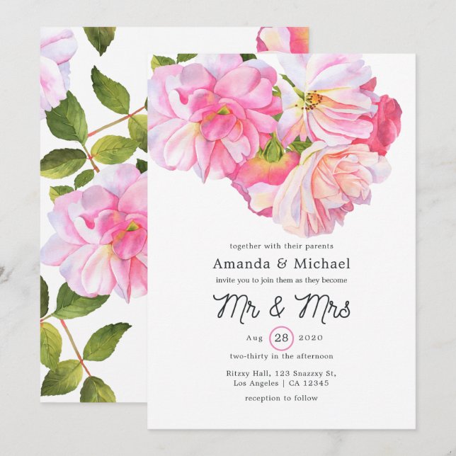 Convites Jardim de Rosas Rosa Casamento Sr e Sra (Frente/Verso)