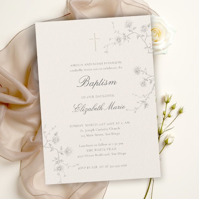 Convites Jardim de Rosas Silvestres Clássico Moderno Ecru B (baptism invitation card classic elegant wild rose wildflowers holy cross christening blessing church)