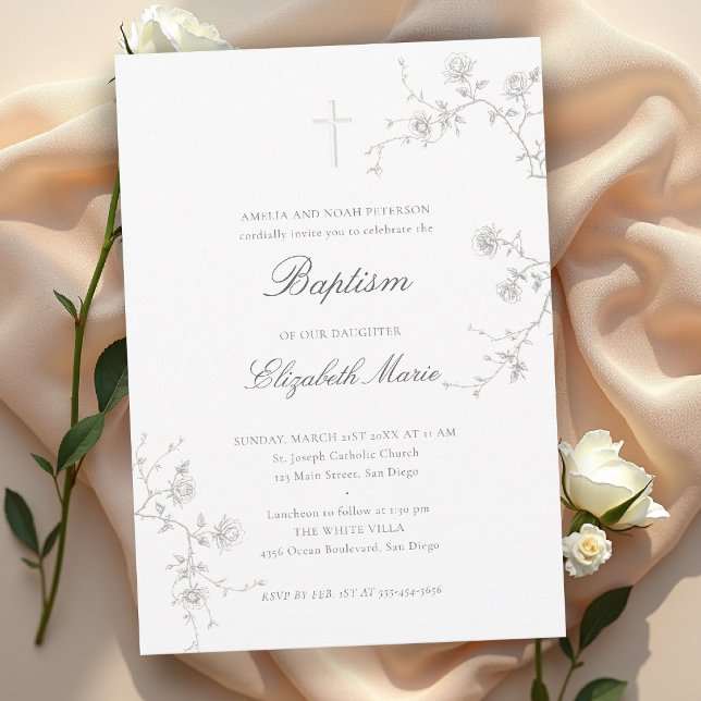 Convites Jardim de Rosas Silvestres Formal Clássico Moderno (baptism invitation party card classic elegant wild roses wildflowers holy cross christening blessing)