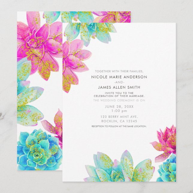 Convites Jardim de Verão Rosa Brilhante e Azul Turquesa par (Frente/Verso)