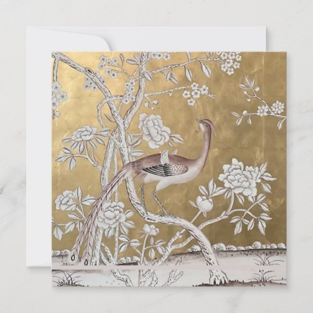 Convites Jardim do Chá Oriental ouro com Pavão Sutil (Frente)