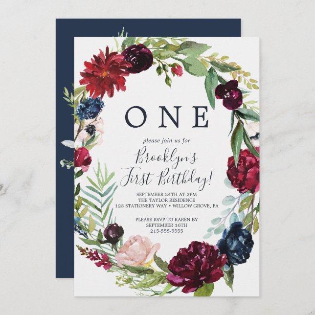 Convites Jardim do outono | Burgundy Wreath First Birday (Frente/Verso)