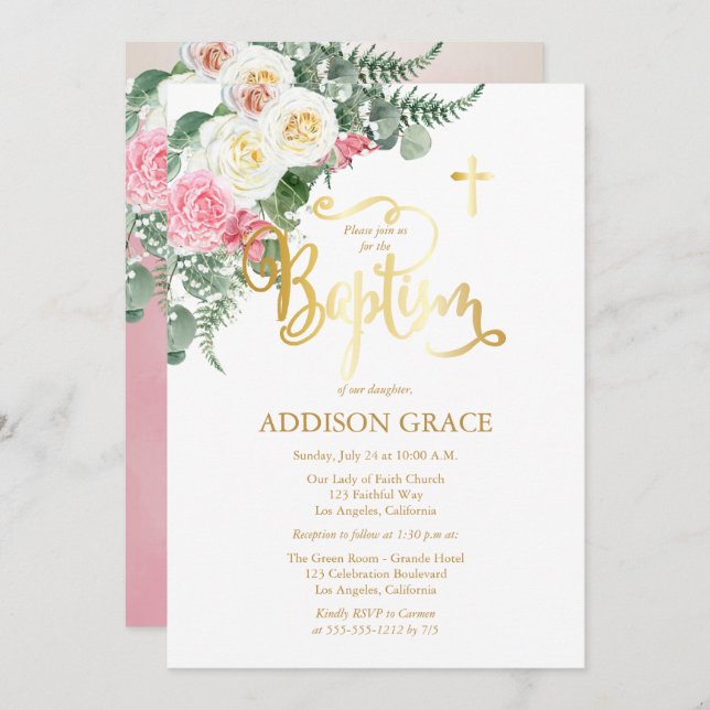 Convites Jardim Elegante de Rosa - Batismo Menina - Dourado (Frente/Verso)