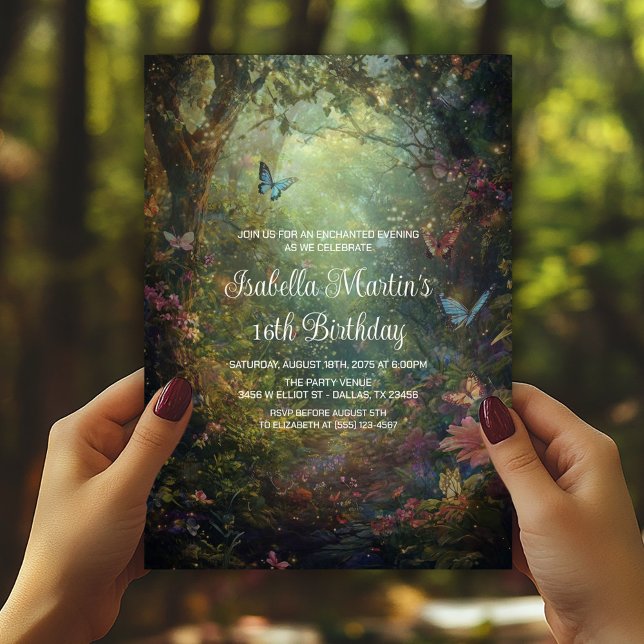 Convites Jardim Encantado de Borboletas Caprichosas para Qu (Butterfly forest garden any event, birthday, prom, etc., invite. Simply add your event details.)