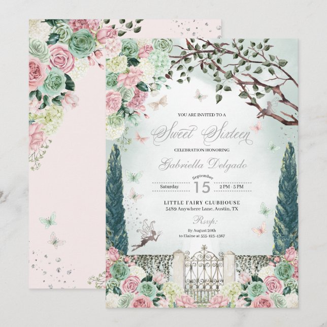 Convites Jardim Encantado de Prata Rosa 16 (Frente/Verso)