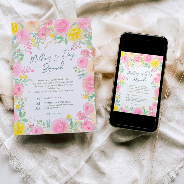 Convites Jardim floral amarelo rosa dia das mães aquarela (Criador carregado)